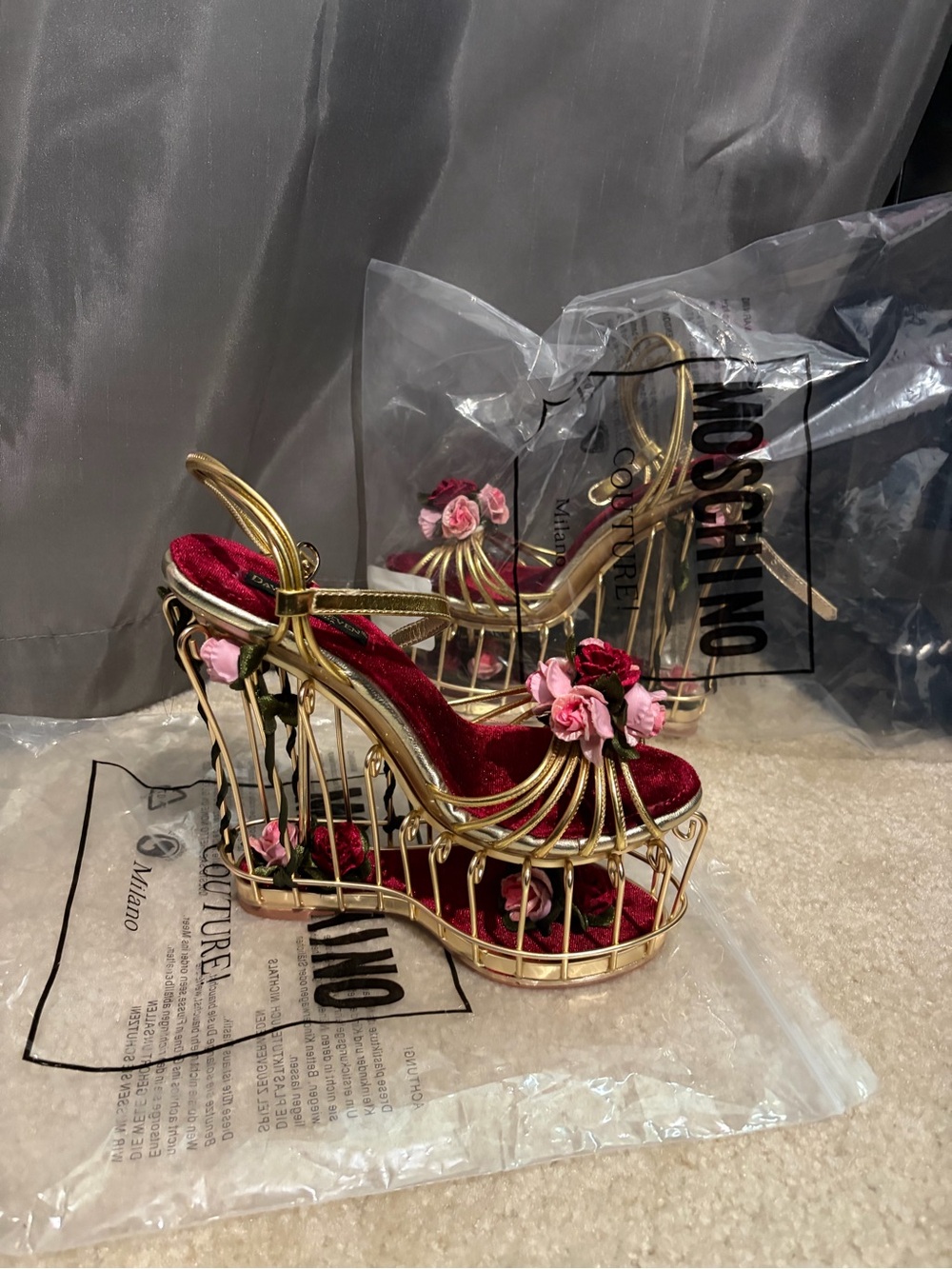 Gold Cage Wedge Sandals with Red Velvet & Pink Flower Accents - Picture 2 of 5